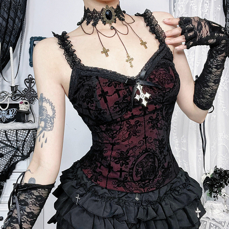 Top de tirantes de encaje gótico oscuro sexy para mujer
