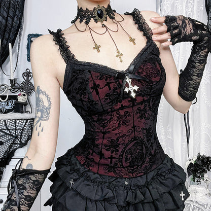 Top de tirantes de encaje gótico oscuro sexy para mujer
