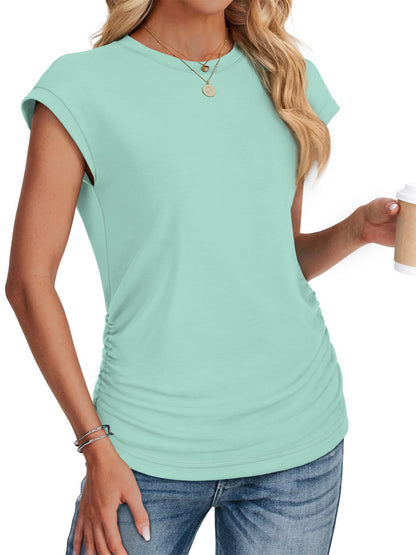 Camiseta informal de manga corta de algodón y seda de color liso para mujer