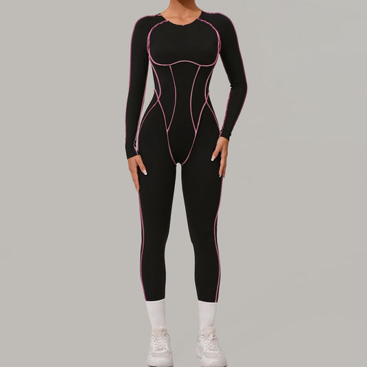 Women Fashion Color Matching Long Sleeve Backless Yoga Jumpsuit