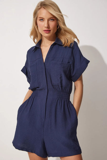 Casual Women's Short-Sleeved Cotton-Linen Overalls