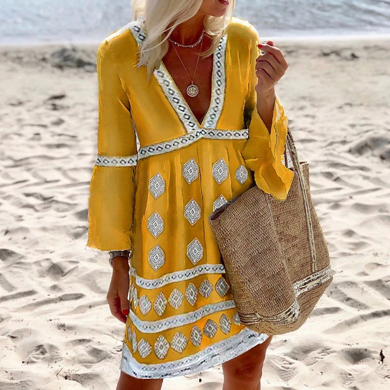 Vestido holgado bohemio elegante de manga larga con cuello en V para mujer