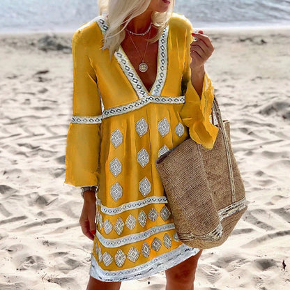 Vestido holgado bohemio elegante de manga larga con cuello en V para mujer
