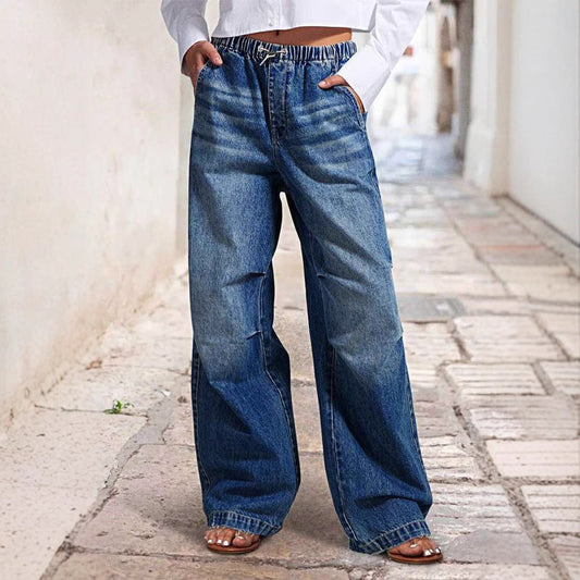 Women Fashion Casual Wide-Leg Pleated Loose Jeans