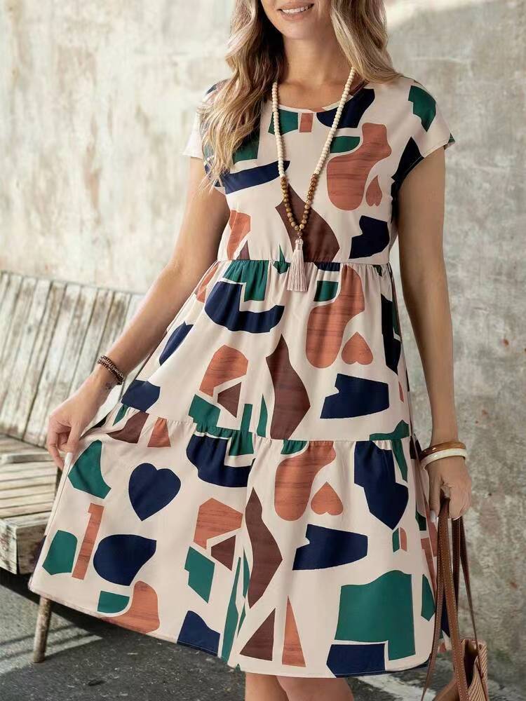 Robe décontractée imprimée à manches courtes pour femme en polyester