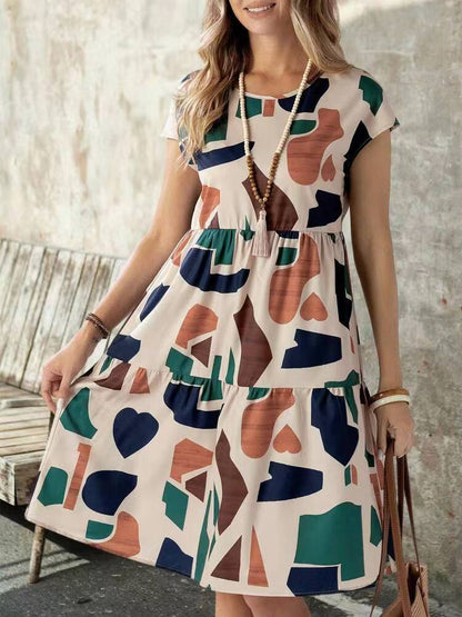 Robe décontractée imprimée à manches courtes pour femme en polyester
