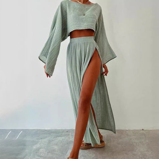 Conjunto de top corto y falda de manga larga de lino y algodón liso informal para mujer