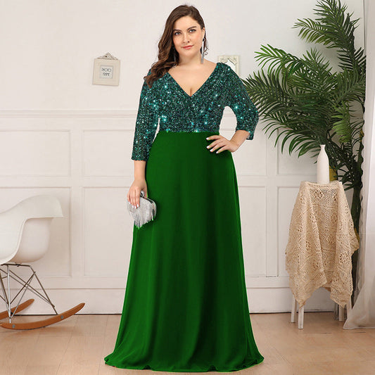 Women Fashion Large Size Sexy Sequined Chiffon Stitching Cocktail Party Evening Dress