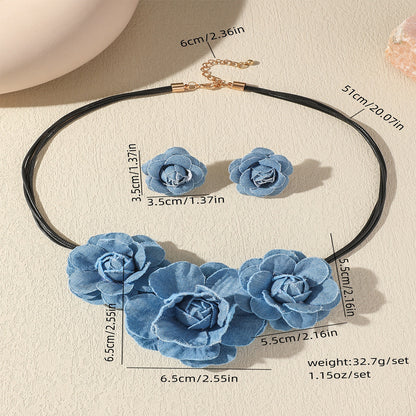 Blue Vintage Denim Rose Jewelry Set