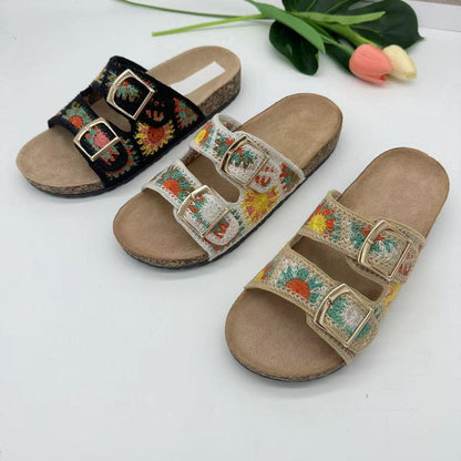 Chaussons tissés à double boucle pour femmes, style décontracté, idéal pour les vacances