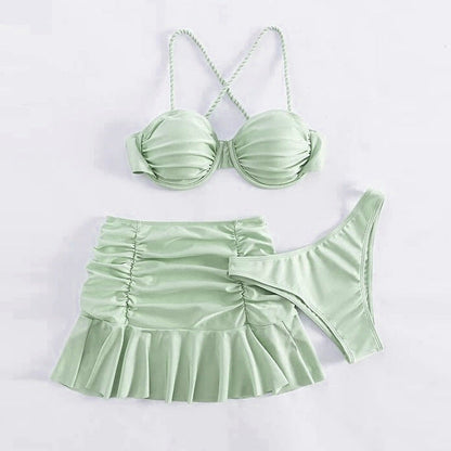 Conjunto de traje de baño plisado de color sólido de moda para mujer