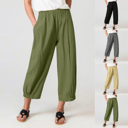Women Casual Loose High Waist Cotton Linen Cropped Pants