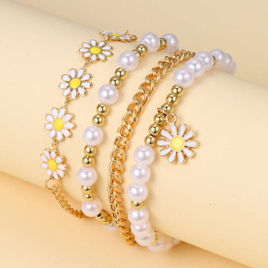 Women Fashion Bohemian Pearl Daisy Bracelet Set