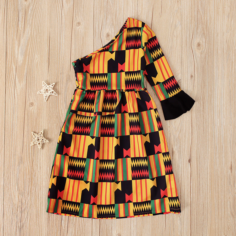 Kids Toddler Girls Casual Color Matching Geometric One-Sleeve Dress