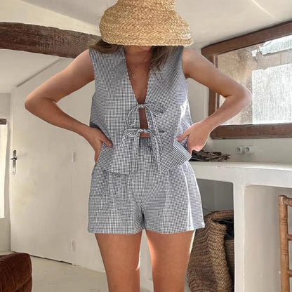 Ensemble débardeur décontracté à lacets et carreaux pour femme