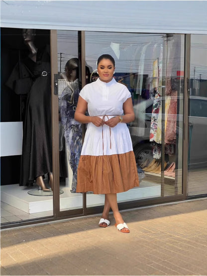 Women Fashion Casual Color Block Pleated Dress