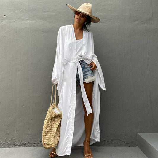 Vestido playero informal de manga larga con cordones para mujer