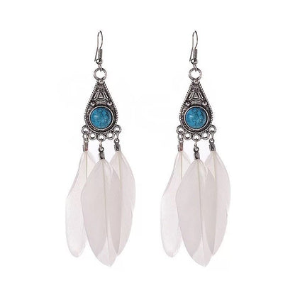 Boucles d'oreilles pendantes en plumes turquoise style bohème vintage pour femme