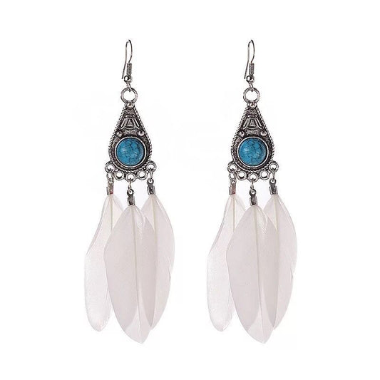 Boucles d'oreilles pendantes en plumes turquoise style bohème vintage pour femme