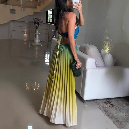 Women Fashion Sexy Gradient Pleated Sleeveless Backless Dress