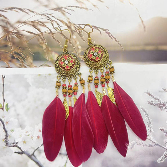 Bohemian Flower Beads Feather Earrings for Women