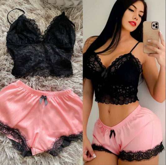 Women's Fashion Comfortable Casual Lace Satin Pajama Suit