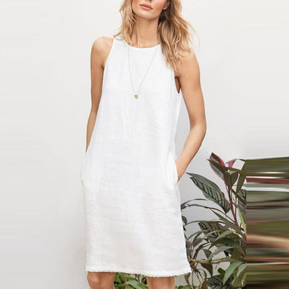 Vestido de cuello redondo de lino y algodón a la moda para mujer