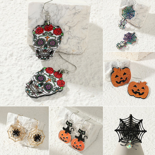 Boucles d'oreilles crâne de chauve-souris fantôme exagérées et drôles de dessin animé d'Halloween