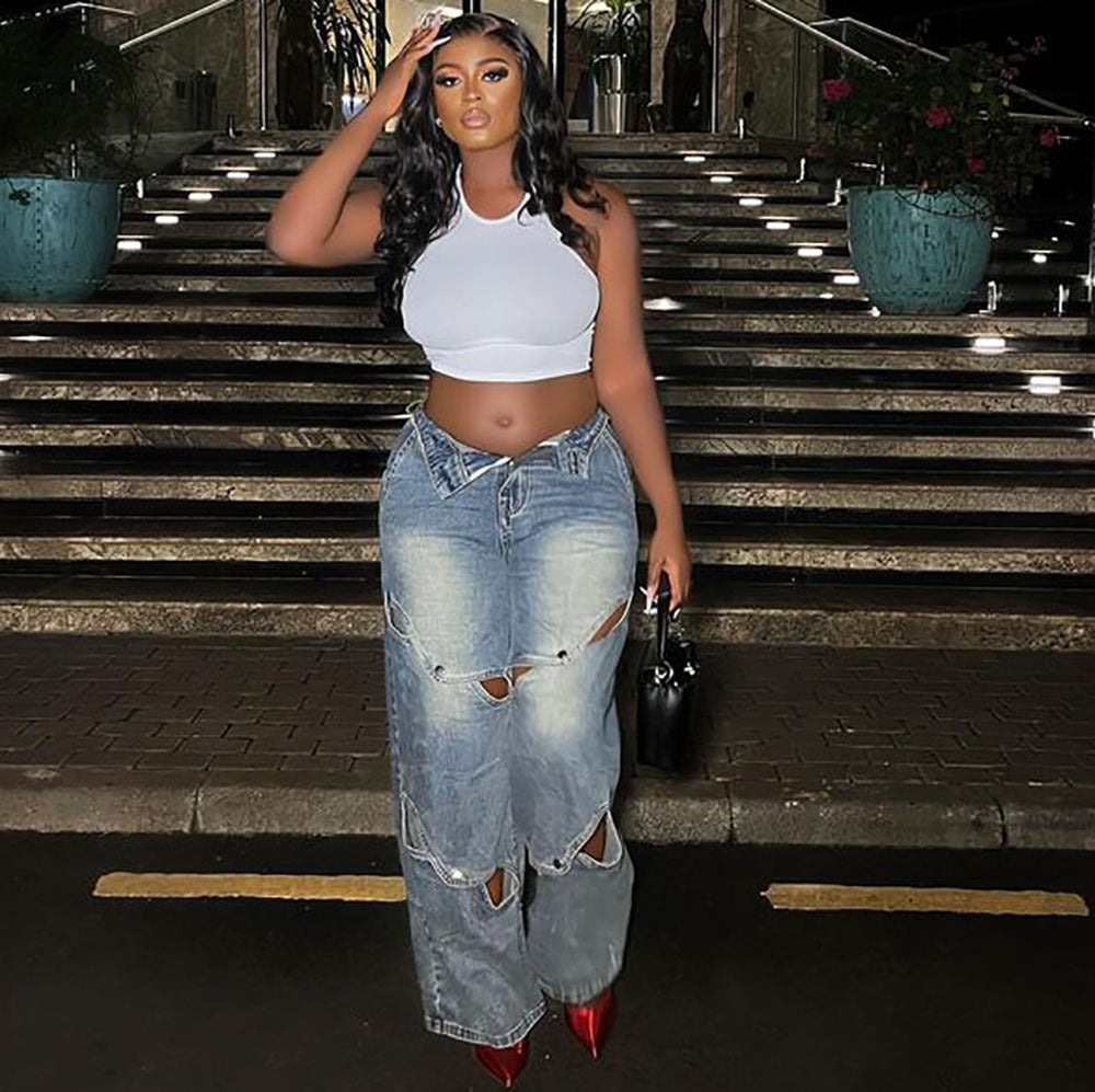 Women Street Fashion Cutout Jeans Light Blue High Waist