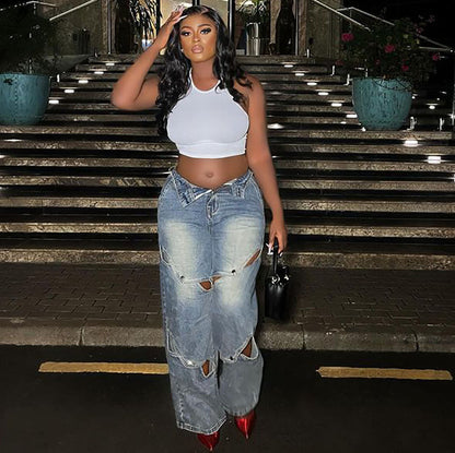 Women Street Fashion Cutout Jeans Light Blue High Waist