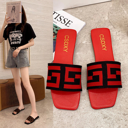 Casual Square-Toe Flat Slippers with Artificial PU Upper