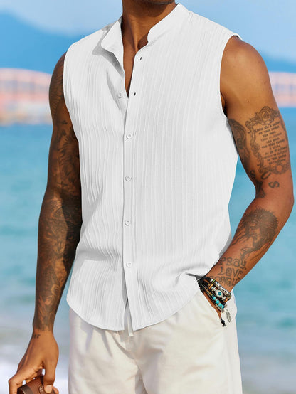 Men's Casual Sleeveless Button-Up Shirt in Solid Colors
