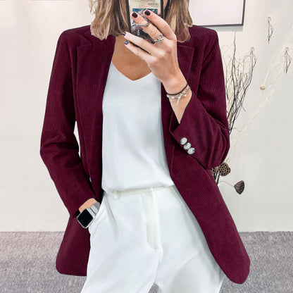 Women Fashion Casual Solid Color Corduroy Jacket
