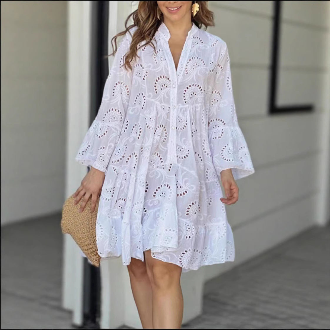 Vestido informal de encaje con escote en V y manga larga para mujer