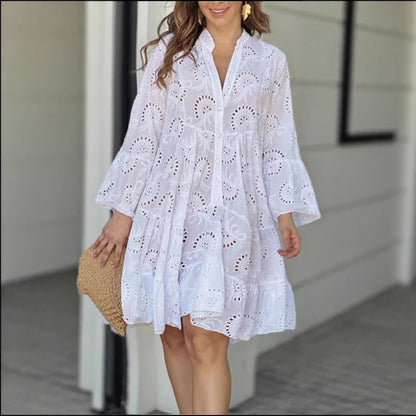 Vestido informal de encaje con escote en V y manga larga para mujer