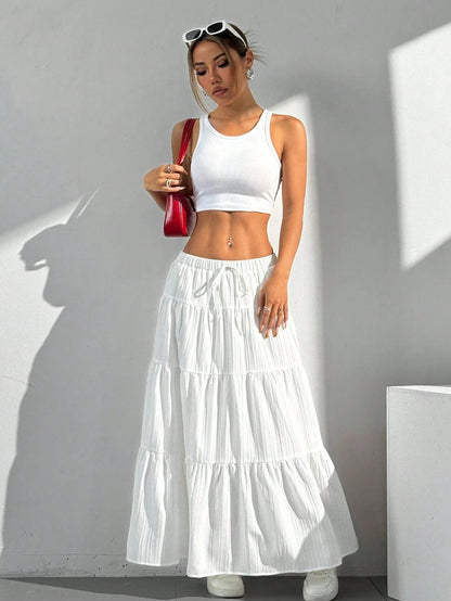 Jupe ample plissée à lacets de couleur unie pour femme