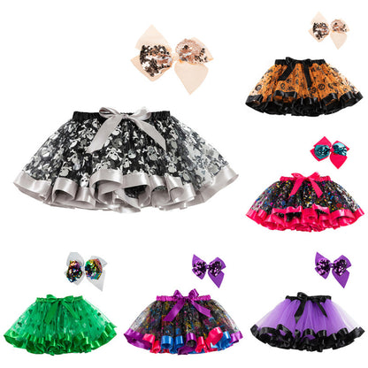 Kids Toddler Girls Halloween Pumpkin Skirt with Sequin Bow
