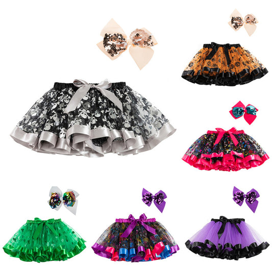 Kids Toddler Girls Halloween Pumpkin Skirt with Sequin Bow
