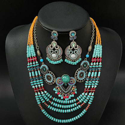 Bohemian Bead String Earrings Necklace Jewelry Suit