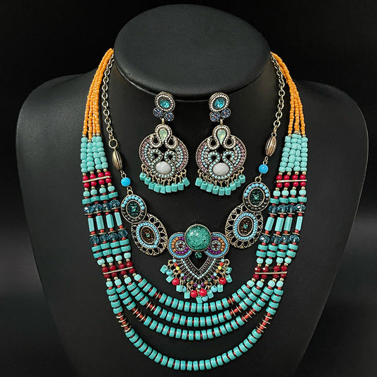 Bohemian Bead String Earrings Necklace Jewelry Suit