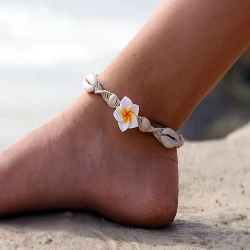 Tobillera con diseño floral de conchas tejidas a mano de estilo bohemio