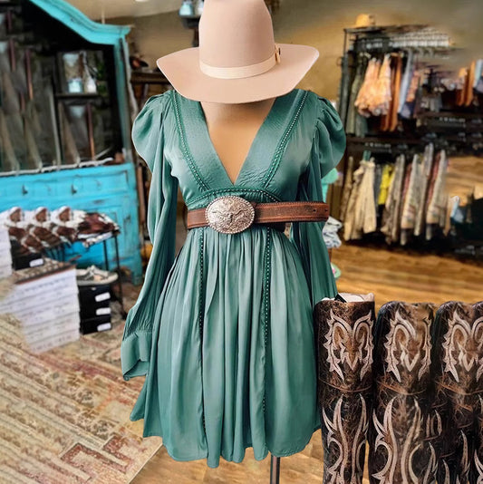 Vestido largo elegante con cuello en V estilo occidental para mujer