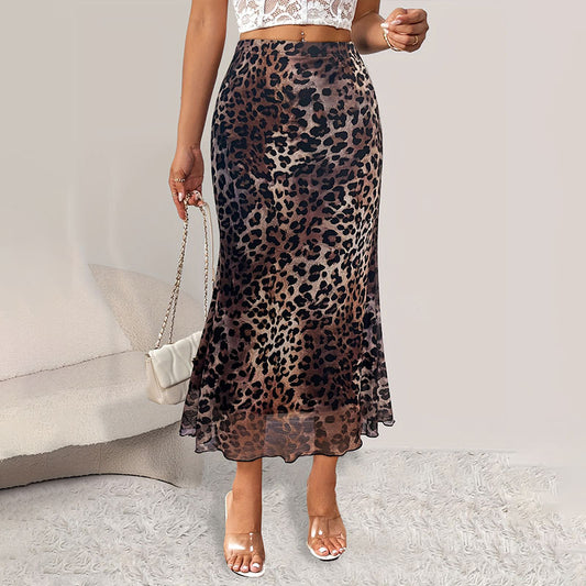 Falda de cola de pez de malla con estampado de leopardo sexy a la moda para mujer