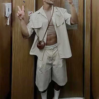 Conjunto de camisa y pantalones cortos de mezcla de algodón de manga corta para hombre