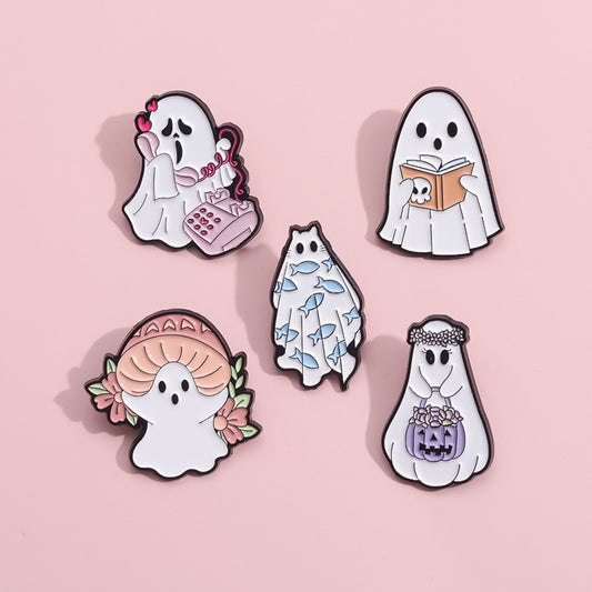 Gothic White Funny Ghost Brooch Halloween Pumpkin Metal Badge