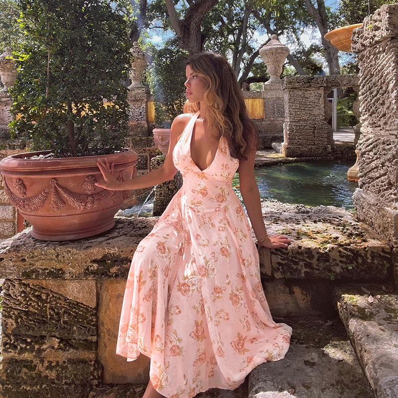 Women Fashion Sexy Elegant Floral Printed Halter-Neck Dress