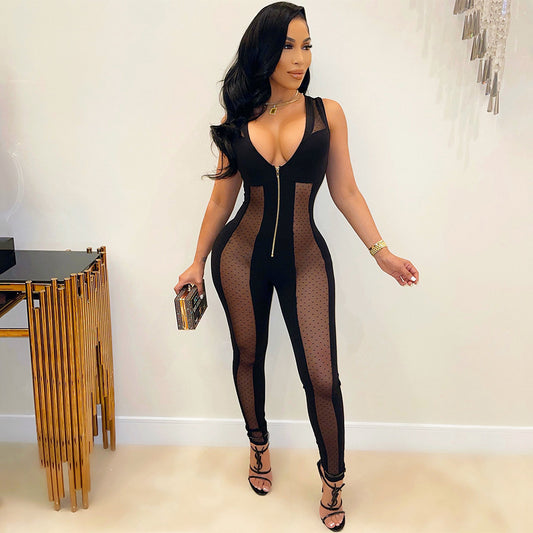 Women Sexy Mesh Stitching Zipper Jumpsuits with Polyester and Spandex