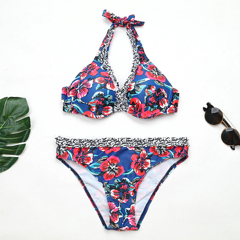 Bikini sexy con cuello halter y estampado floral a la moda para mujer