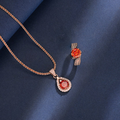 Women Fashion Elegant Garnet Red Zircon Ring Necklace Set