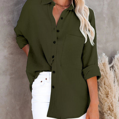 Blusa informal de manga larga con cuello en V y botones para mujer